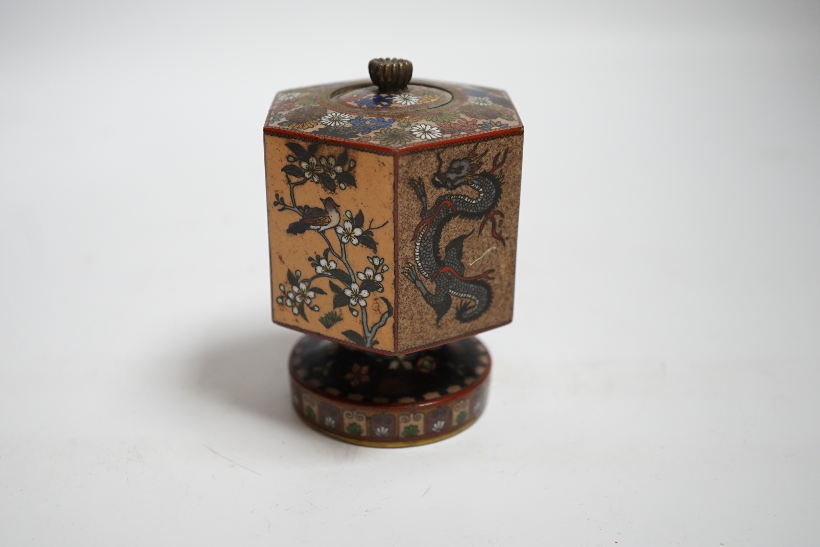 A Japanese hexagonal pedestal cloisonné enamel jar and cover, Meiji period, 10cm high